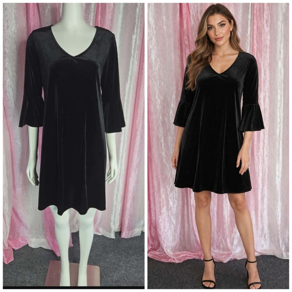 Bebe Black Velvet Midi Flutter Sleeves Tunic Dress Size Medium NWT